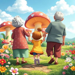A whimsical and colorful animated scene featuring a grandmother and grandfather joyfully holding a little girl's hands, all depicted from behind