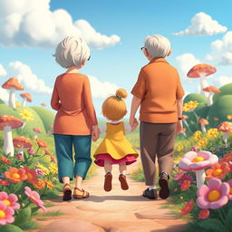 A whimsical and colorful animated scene featuring a grandmother and grandfather joyfully holding a little girl's hands, all depicted from behind