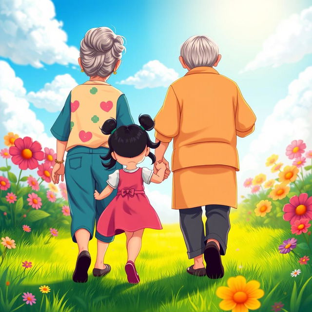 A vibrant and colorful animated scene featuring a grandmother and grandfather joyfully holding the hands of a little girl with black hair, all depicted from behind