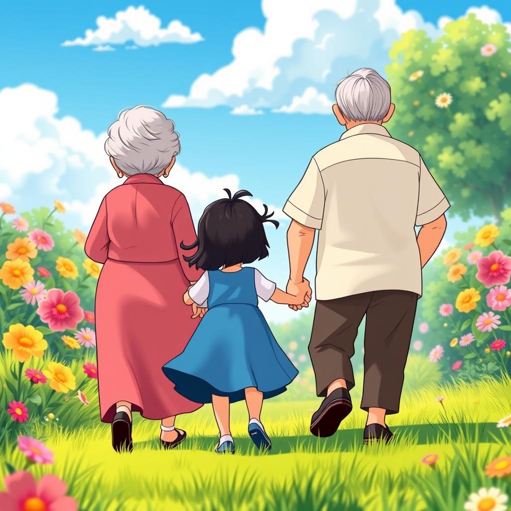 A vibrant and colorful animated scene featuring a grandmother and grandfather joyfully holding the hands of a little girl with black hair, all depicted from behind