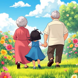 A vibrant and colorful animated scene featuring a grandmother and grandfather joyfully holding the hands of a little girl with black hair, all depicted from behind