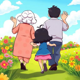 A vibrant and colorful animated scene featuring a grandmother and grandfather joyfully holding the hands of a little girl with black hair, all depicted from behind