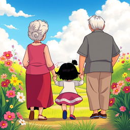 A vibrant and colorful animated scene featuring a grandmother and grandfather joyfully holding the hands of a little girl with black hair, all depicted from behind
