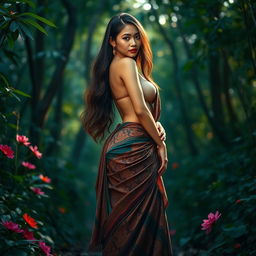 A beautiful, alluring Indonesian woman with large breasts, embodying the mythical figure of Wewe Gombel