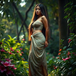A beautiful, alluring Indonesian woman with large breasts, embodying the mythical figure of Wewe Gombel