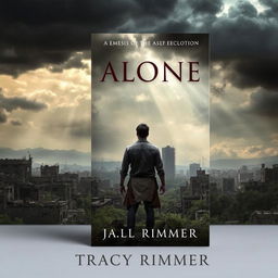 A captivating book cover for 'Alone' by Tracy Rimmer, featuring a haunting post-nuclear war landscape