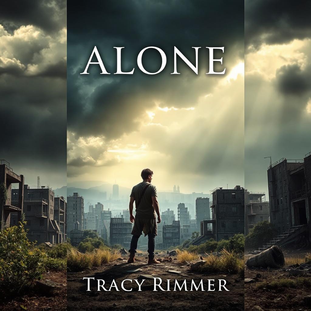 A captivating book cover for 'Alone' by Tracy Rimmer, featuring a haunting post-nuclear war landscape