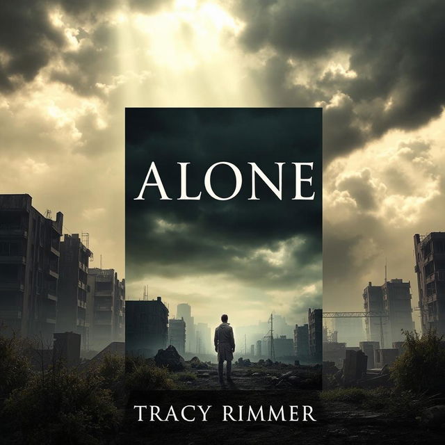 A captivating book cover for 'Alone' by Tracy Rimmer, featuring a haunting post-nuclear war landscape