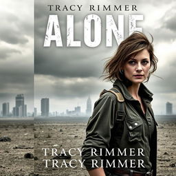 A book cover for "Alone" by Tracy Rimmer, featuring a solitary woman standing amidst a desolate, post-nuclear-war landscape