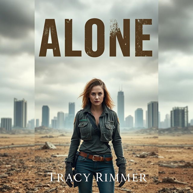 A book cover for "Alone" by Tracy Rimmer, featuring a solitary woman standing amidst a desolate, post-nuclear-war landscape