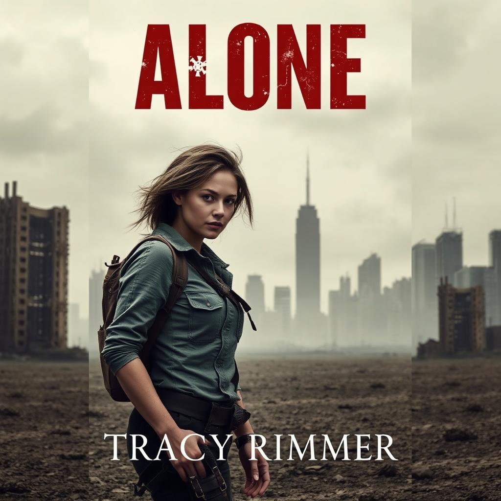 A book cover for "Alone" by Tracy Rimmer, featuring a solitary woman standing amidst a desolate, post-nuclear-war landscape