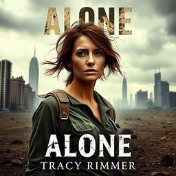 A book cover for "Alone" by Tracy Rimmer, featuring a solitary woman standing amidst a desolate, post-nuclear-war landscape