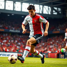A sports scene featuring a football player in action, wearing a classic red and white jersey and black shorts, dribbling a soccer ball on a grassy field