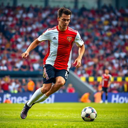 A sports scene featuring a football player in action, wearing a classic red and white jersey and black shorts, dribbling a soccer ball on a grassy field