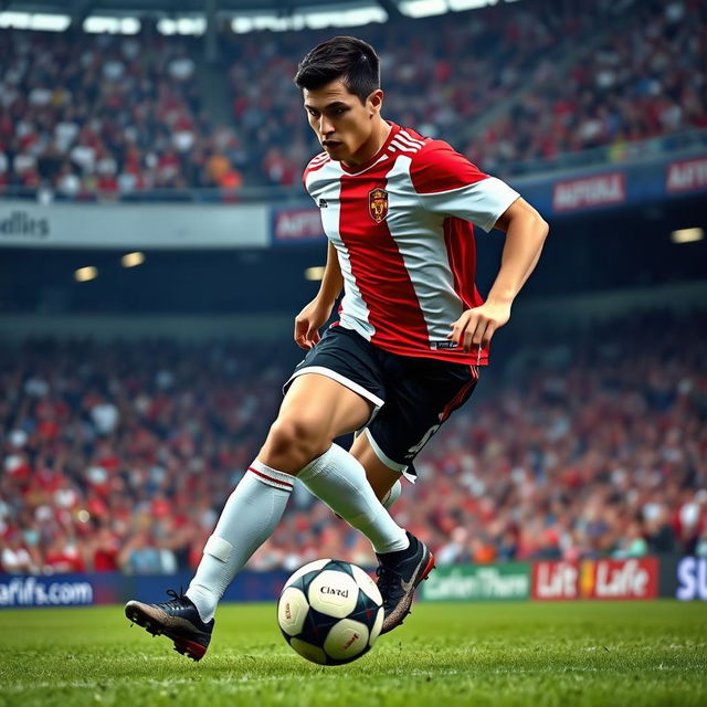 A sports scene featuring a football player in action, wearing a classic red and white jersey and black shorts, dribbling a soccer ball on a grassy field