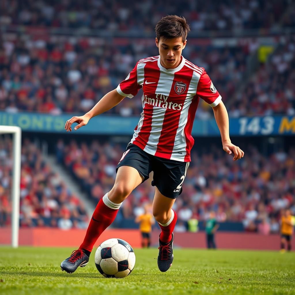 A sports scene featuring a football player in action, wearing a classic red and white jersey and black shorts, dribbling a soccer ball on a grassy field