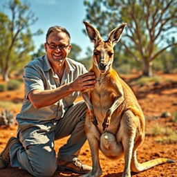 A surreal and humorous scene featuring a man gently massaging the testicles of a kangaroo