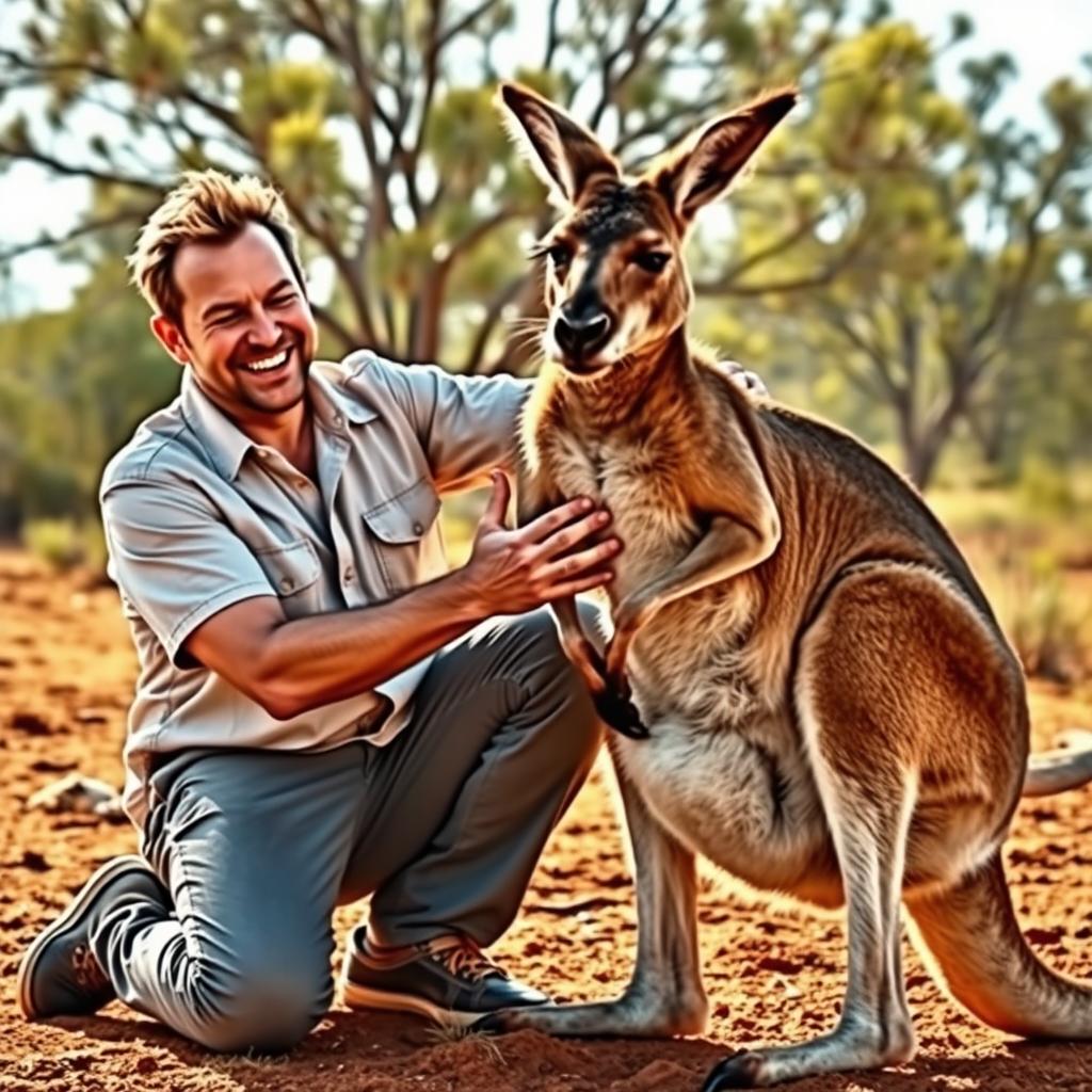 A surreal and humorous scene featuring a man gently massaging the testicles of a kangaroo