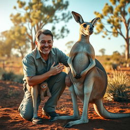 A surreal and humorous scene featuring a man gently massaging the testicles of a kangaroo