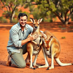 A surreal and humorous scene featuring a man gently massaging the testicles of a kangaroo