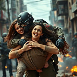 An action-packed scene featuring a special forces operative in tactical gear, heroically rescuing two women in a dramatic setting