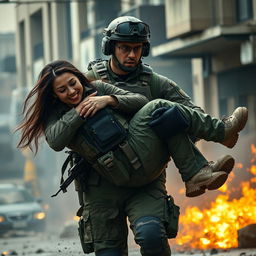 An action-packed scene featuring a special forces operative in tactical gear, heroically rescuing two women in a dramatic setting