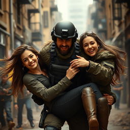 An action-packed scene featuring a special forces operative in tactical gear, heroically rescuing two women in a dramatic setting