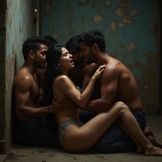 A sensual scene set in a contrasting environment, depicting a rich Indian college girl sitting on the floor of a dimly lit slum, leaning back against a weathered wall