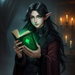 A Gothic Victorian-inspired male half-elf drow warlock character, exuding youthfulness and charm