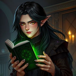 A Gothic Victorian-inspired male half-elf drow warlock character, exuding youthfulness and charm