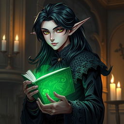 A Gothic Victorian-inspired male half-elf drow warlock character, exuding youthfulness and charm