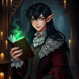 A Gothic Victorian-themed male half-elf drow warlock character, young and radiating charm