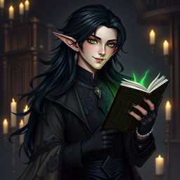 A Gothic Victorian-themed male half-elf drow warlock character, young and radiating charm