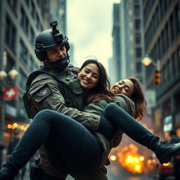 A thrilling scene depicting a special forces operative dressed in tactical gear, heroically rescuing a woman in an urban city setting