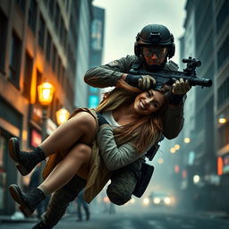 A thrilling scene depicting a special forces operative dressed in tactical gear, heroically rescuing a woman in an urban city setting