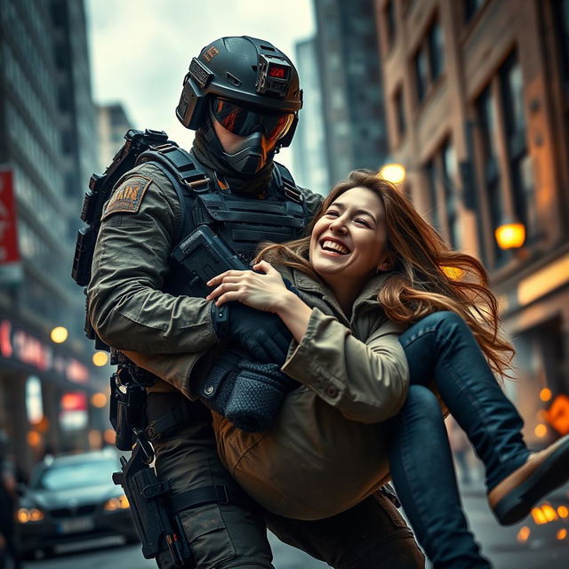 A thrilling scene depicting a special forces operative dressed in tactical gear, heroically rescuing a woman in an urban city setting