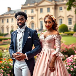 An interracial couple in the Bridgerton era, dressed in lavish Regency attire