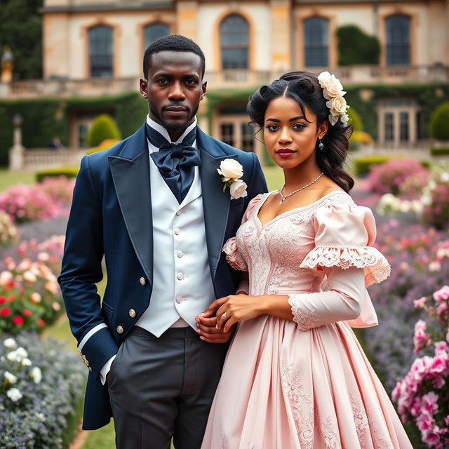 An interracial couple in the Bridgerton era, dressed in lavish Regency attire