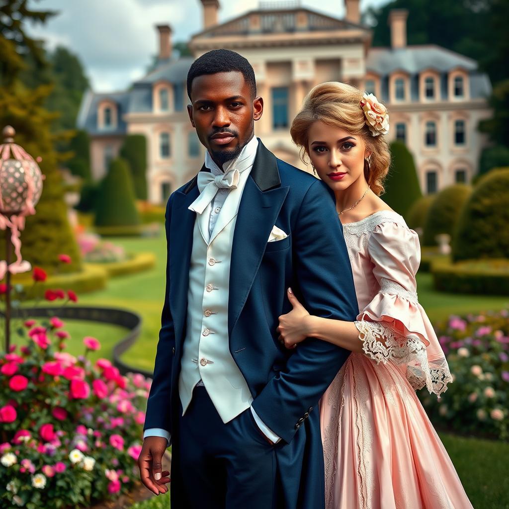 An interracial couple in the Bridgerton era, dressed in lavish Regency attire