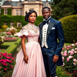 An interracial couple in the Bridgerton era, dressed in lavish Regency attire