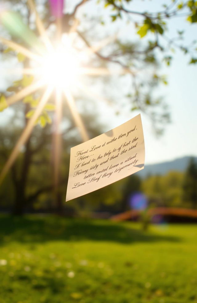 A serene morning scene with a gentle breeze, where a letter floats through the air, dancing playfully in the sunlight