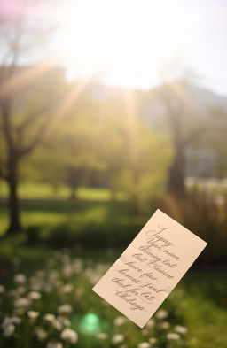 A serene morning scene with a gentle breeze, where a letter floats through the air, dancing playfully in the sunlight