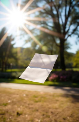 A serene morning scene with a gentle breeze, where a letter floats through the air, dancing playfully in the sunlight