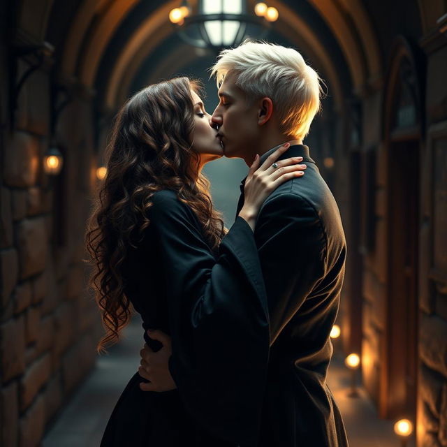 A dramatic and romantic scene featuring Draco Malfoy and Hermione Granger passionately kissing in a dimly lit Hogwarts corridor