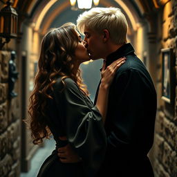 A dramatic and romantic scene featuring Draco Malfoy and Hermione Granger passionately kissing in a dimly lit Hogwarts corridor
