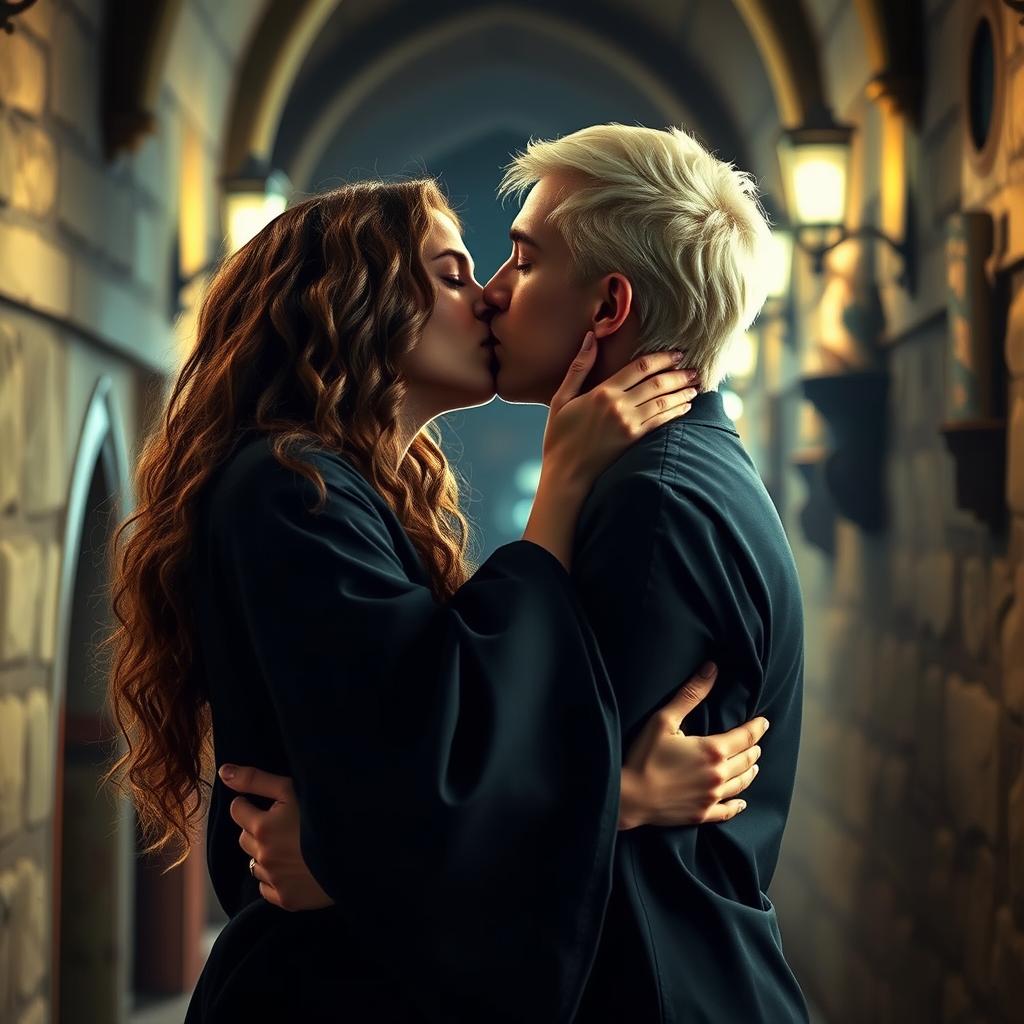 A dramatic and romantic scene featuring Draco Malfoy and Hermione Granger passionately kissing in a dimly lit Hogwarts corridor