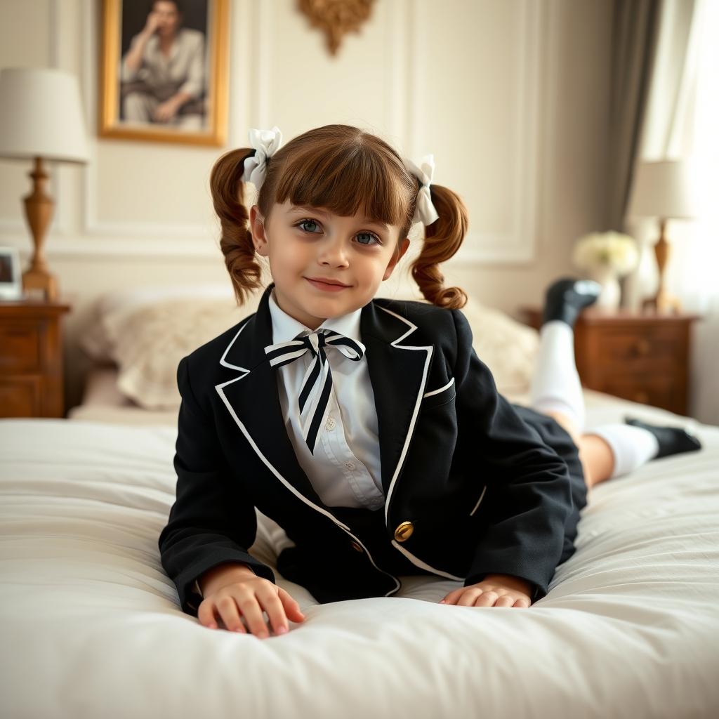 A portrait of a European girl in a tastefully decorated bedroom