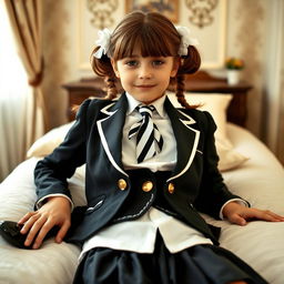A portrait of a European girl in a tastefully decorated bedroom