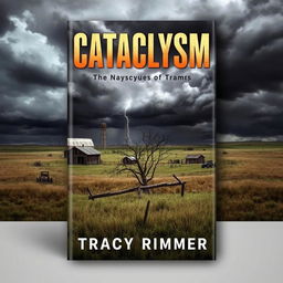 A dramatic book cover for "Cataclysm" by Tracy Rimmer, featuring a post-apocalyptic farm scene
