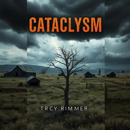 A dramatic book cover for "Cataclysm" by Tracy Rimmer, featuring a post-apocalyptic farm scene